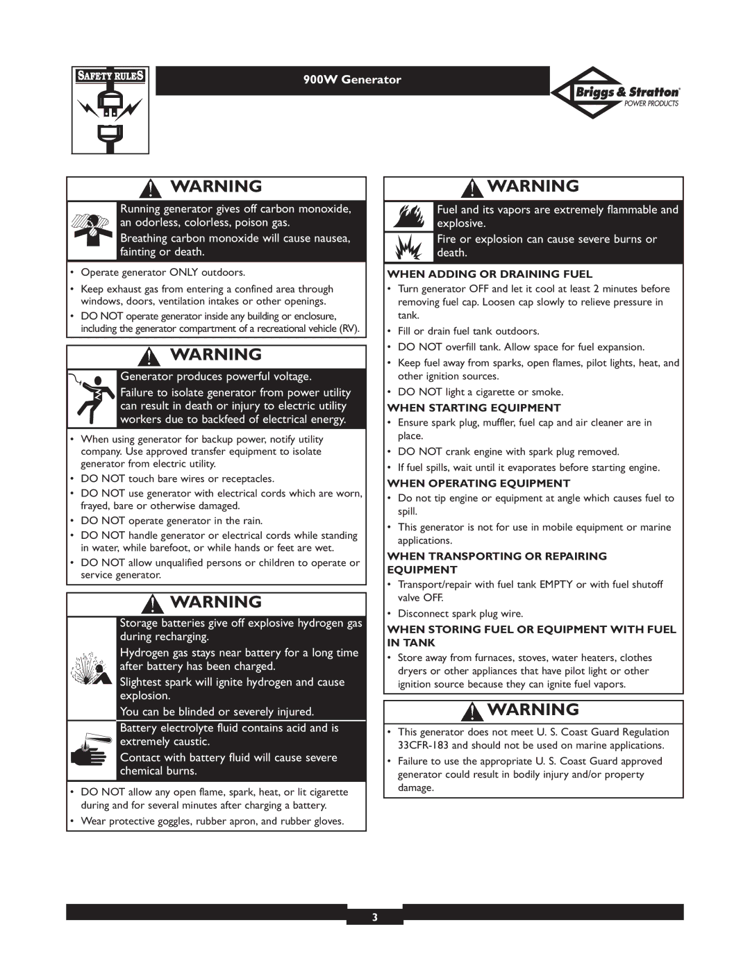 Briggs & Stratton 01532-3 owner manual When Adding or Draining Fuel, When Starting Equipment, When Operating Equipment 