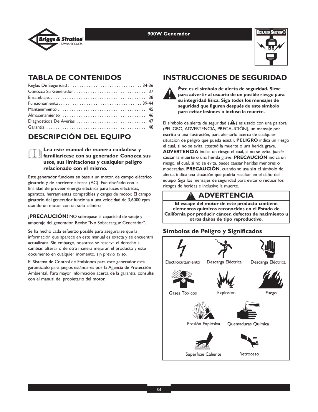 Briggs & Stratton 01532-3 owner manual Tabla DE Contenidos, Descripción DEL Equipo, Instrucciones DE Seguridad, Advertencia 