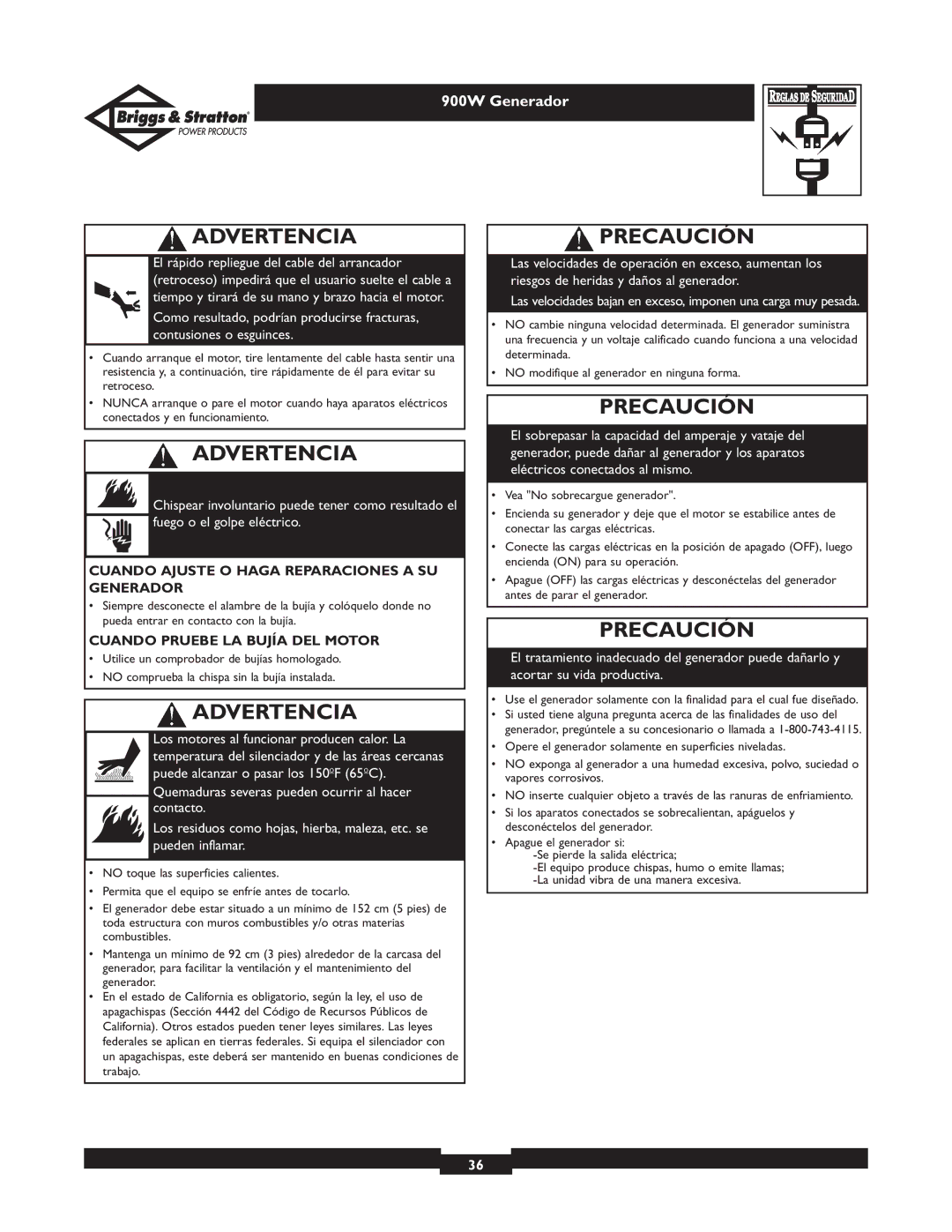 Briggs & Stratton 01532-3 Precaución, Cuando Ajuste O Haga Reparaciones a SU Generador, Cuando Pruebe LA Bujía DEL Motor 