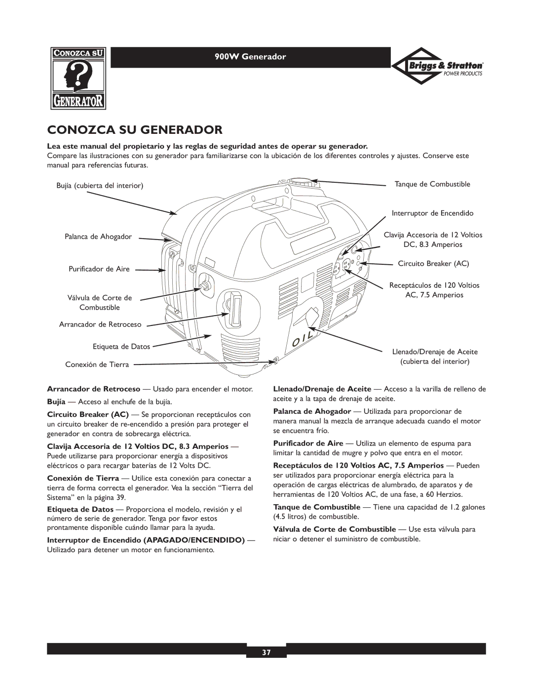 Briggs & Stratton 01532-3 owner manual Conozca SU Generador, Interruptor de Encendido APAGADO/ENCENDIDO 