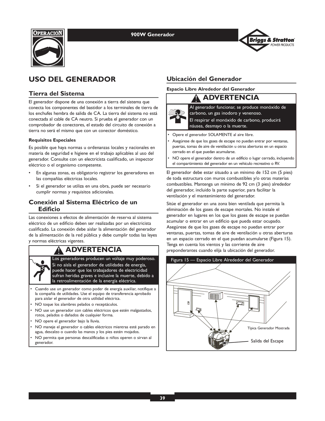 Briggs & Stratton 01532-3 owner manual USO DEL Generador, Tierra del Sistema, Conexión al Sistema Eléctrico de un Edificio 