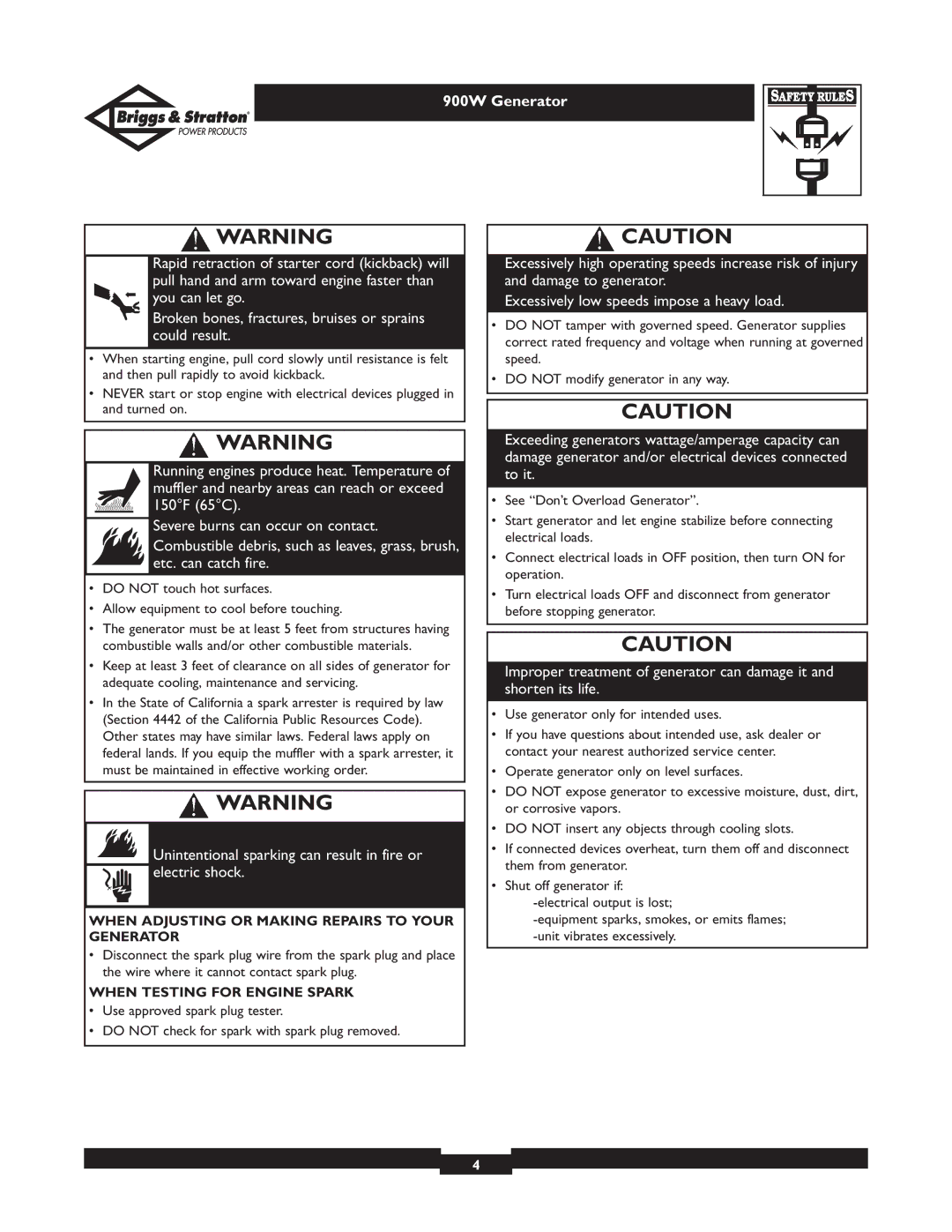 Briggs & Stratton 01532-3 owner manual When Adjusting or Making Repairs to Your Generator, When Testing for Engine Spark 