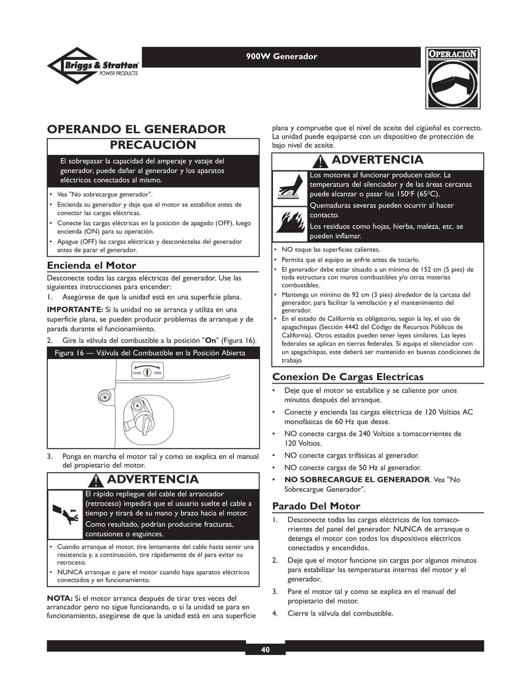 Briggs & Stratton 01532-3 owner manual Operando EL Generador Precaución, Encienda el Motor, Conexion De Cargas Electricas 