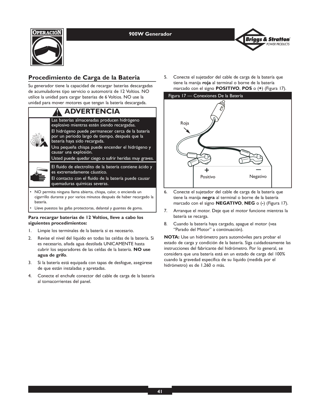 Briggs & Stratton 01532-3 owner manual Procedimiento de Carga de la Bateria, Roja Positivo 