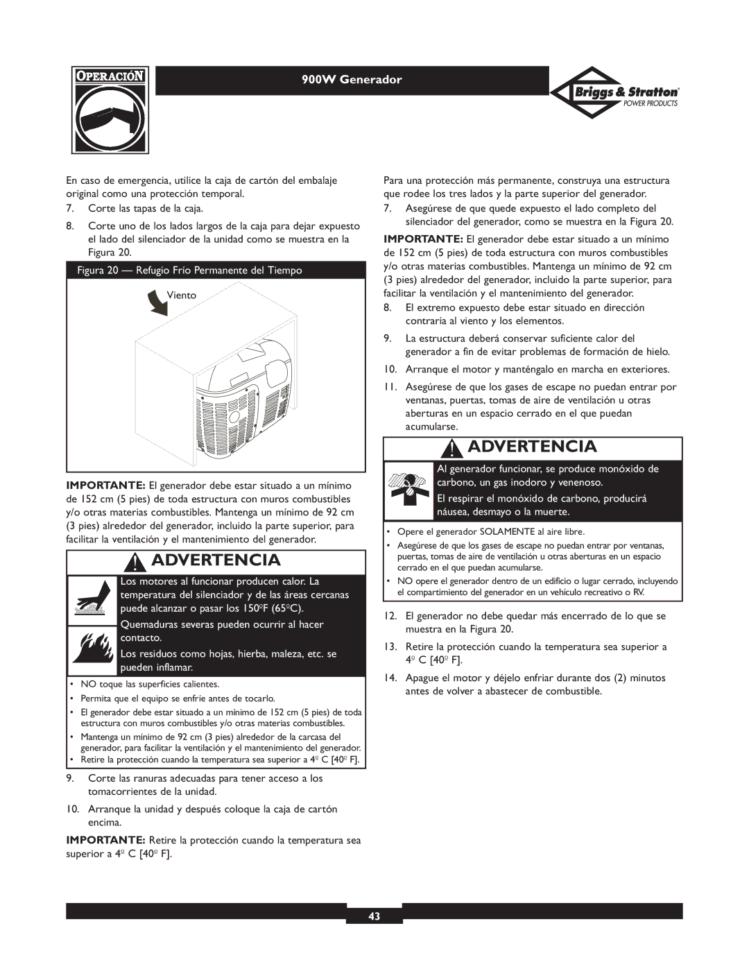 Briggs & Stratton 01532-3 owner manual Figura 20 Refugio Frío Permanente del Tiempo 