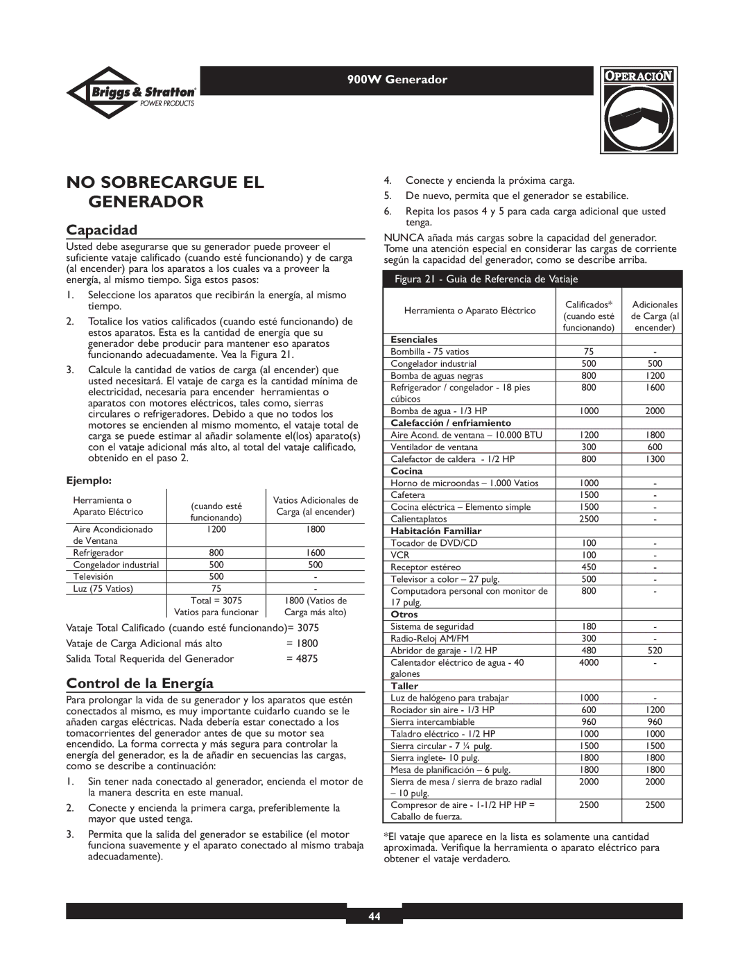 Briggs & Stratton 01532-3 owner manual No Sobrecargue EL Generador, Capacidad, Control de la Energía, Ejemplo 