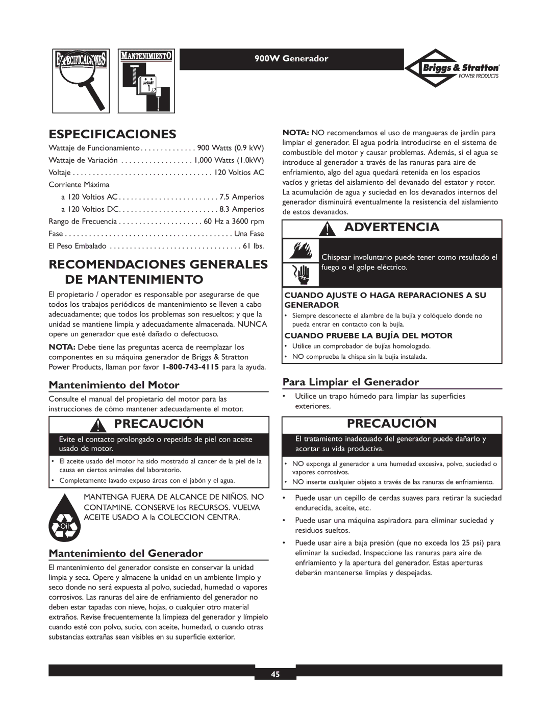 Briggs & Stratton 01532-3 Especificaciones, Recomendaciones Generales DE Mantenimiento, Mantenimiento del Motor 