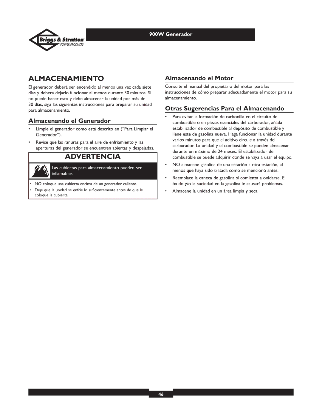 Briggs & Stratton 01532-3 owner manual Almacenamiento, Almacenando el Generador, Almacenando el Motor 