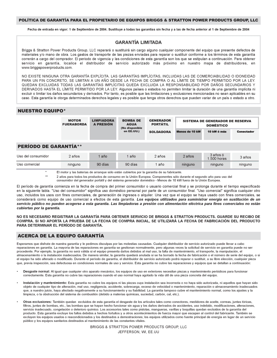 Briggs & Stratton 01532-3 owner manual Garantía Limitada 