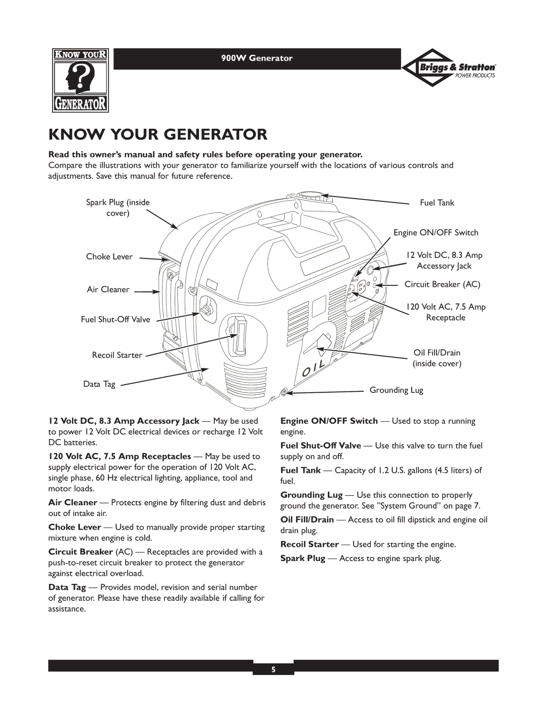 Briggs & Stratton 01532-3 owner manual Know Your Generator, Engine ON/OFF Switch Used to stop a running engine 