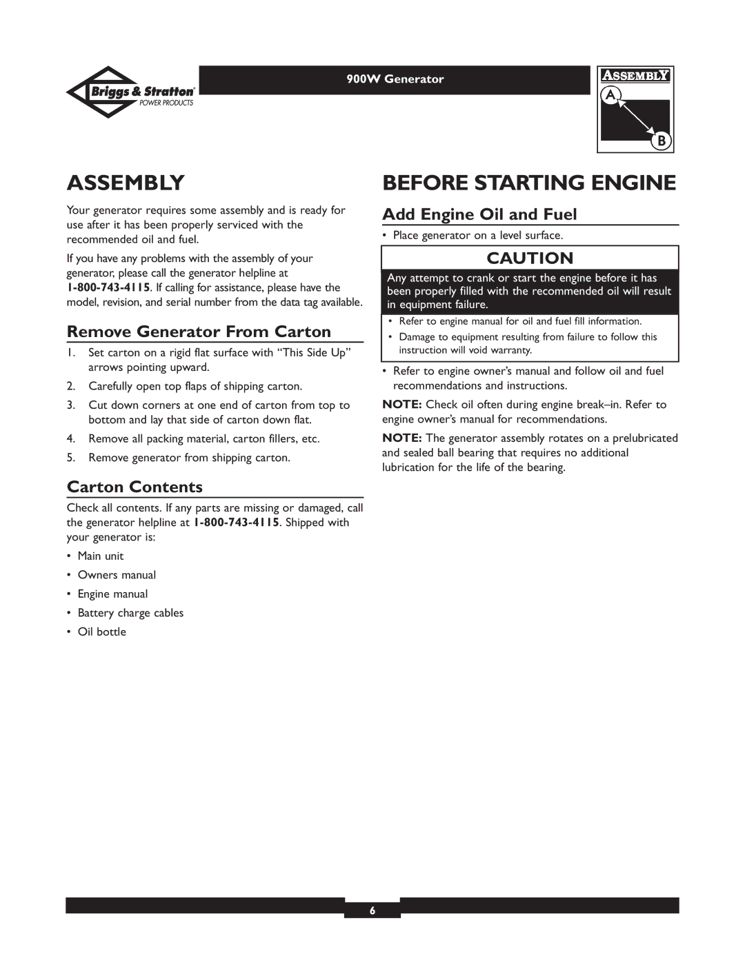 Briggs & Stratton 01532-3 Assembly, Before Starting Engine, Remove Generator From Carton, Add Engine Oil and Fuel 