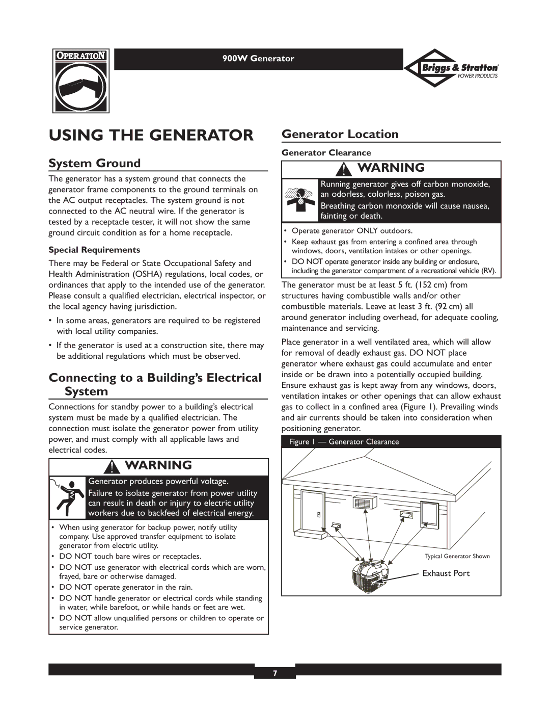 Briggs & Stratton 01532-3 owner manual Using the Generator, System Ground, Connecting to a Building’s Electrical System 