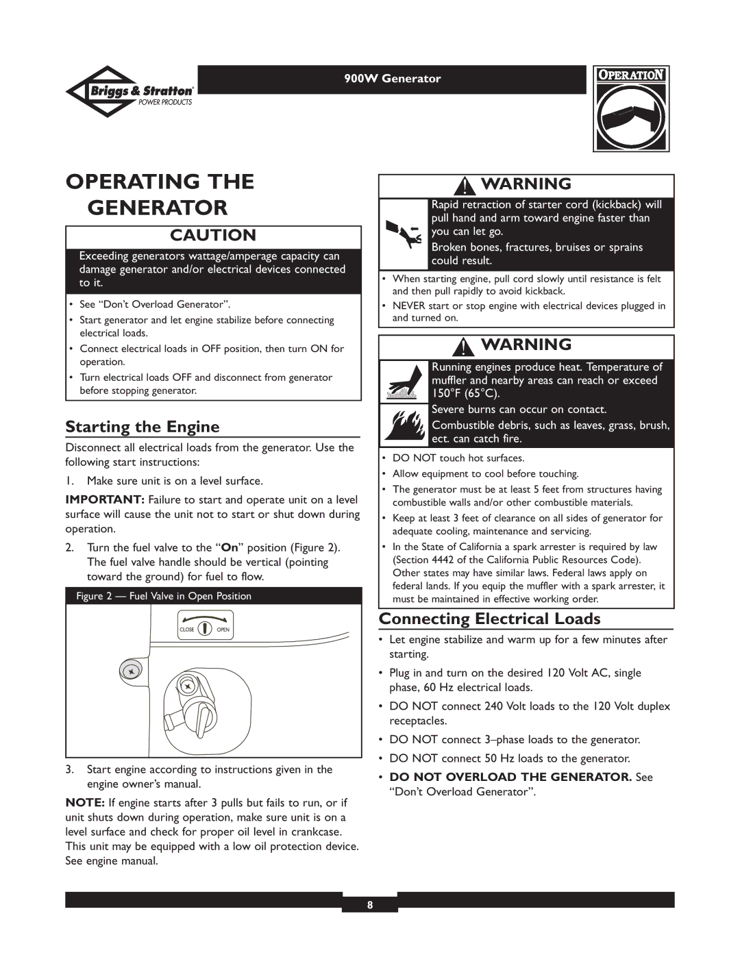 Briggs & Stratton 01532-3 owner manual Operating Generator, Starting the Engine, Connecting Electrical Loads 