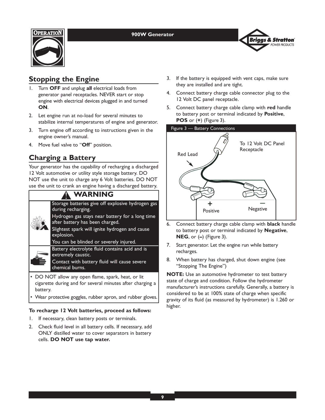 Briggs & Stratton 01532-3 Stopping the Engine, Charging a Battery, To recharge 12 Volt batteries, proceed as follows 