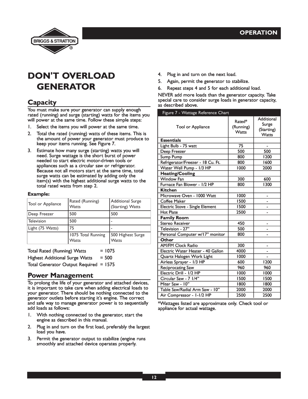 Briggs & Stratton 01532-4 owner manual Dont Overload Generator, Capacity, Power Management, Example, Operation 