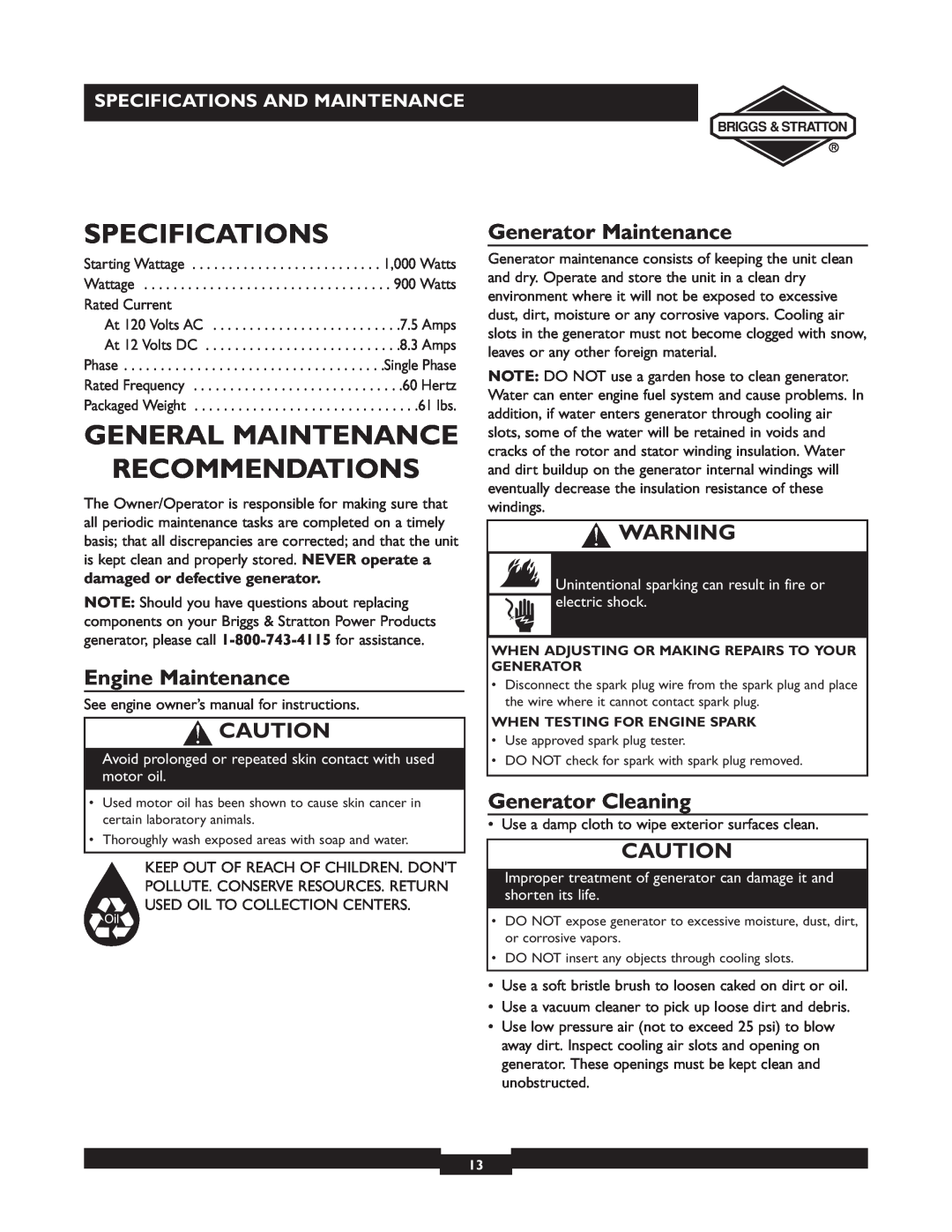 Briggs & Stratton 01532-4 Specifications, General Maintenance Recommendations, Engine Maintenance, Generator Maintenance 