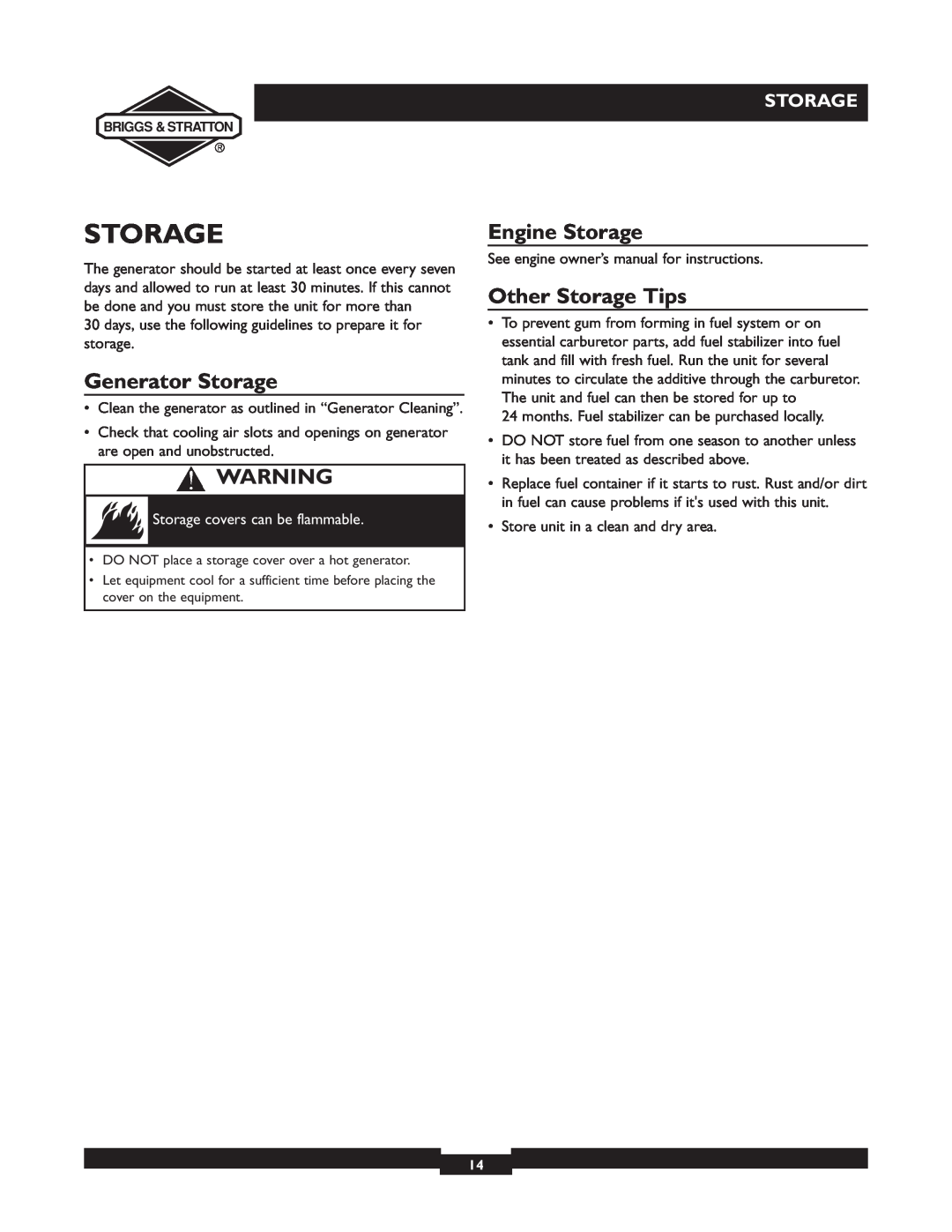 Briggs & Stratton 01532-4 Generator Storage, Engine Storage, Other Storage Tips, Storage covers can be flammable 