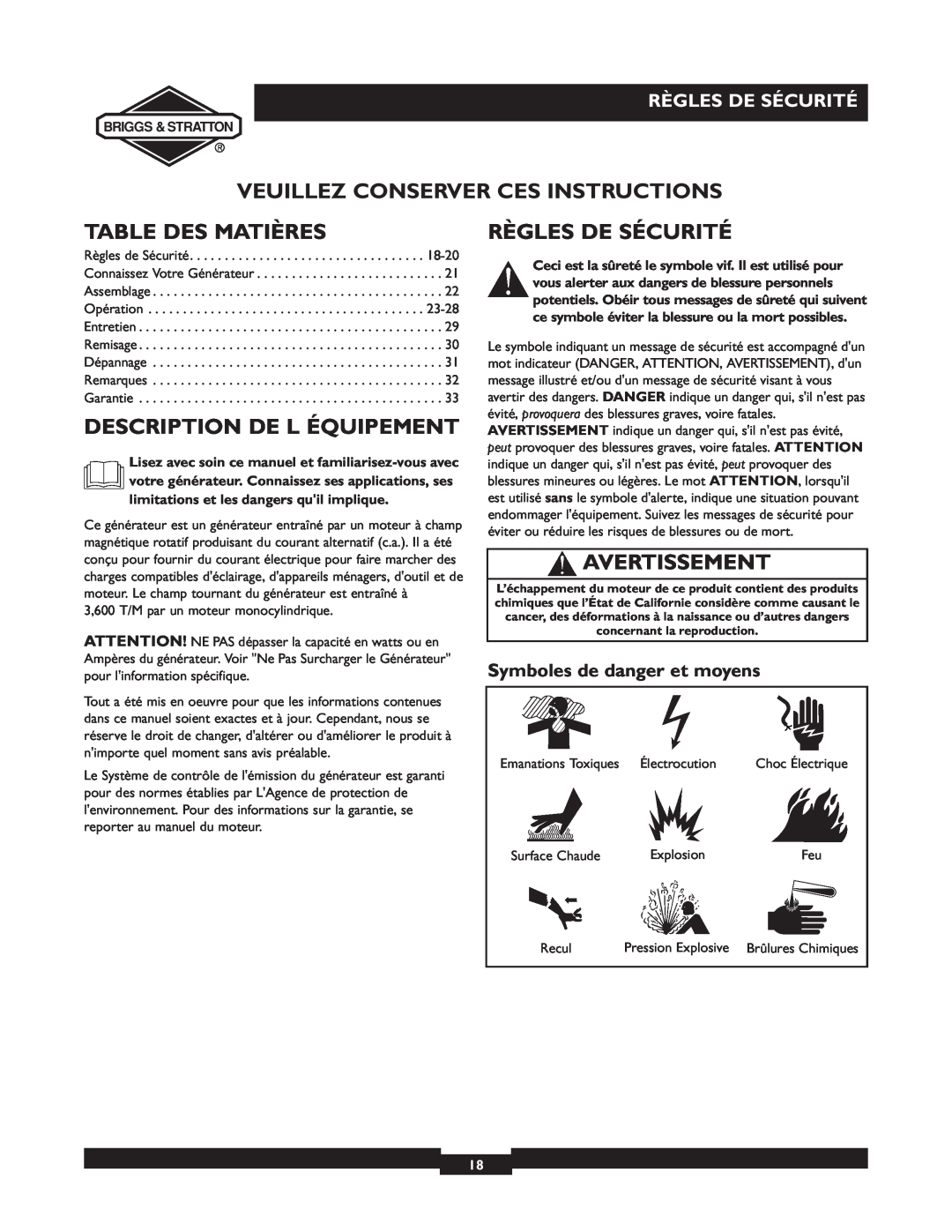 Briggs & Stratton 01532-4 owner manual Veuillez Conserver Ces Instructions, Table Des Matières, Description De L Équipement 