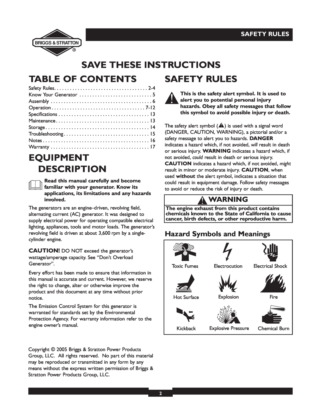 Briggs & Stratton 01532-4 owner manual Save These Instructions, Table Of Contents, Equipment Description, Safety Rules 