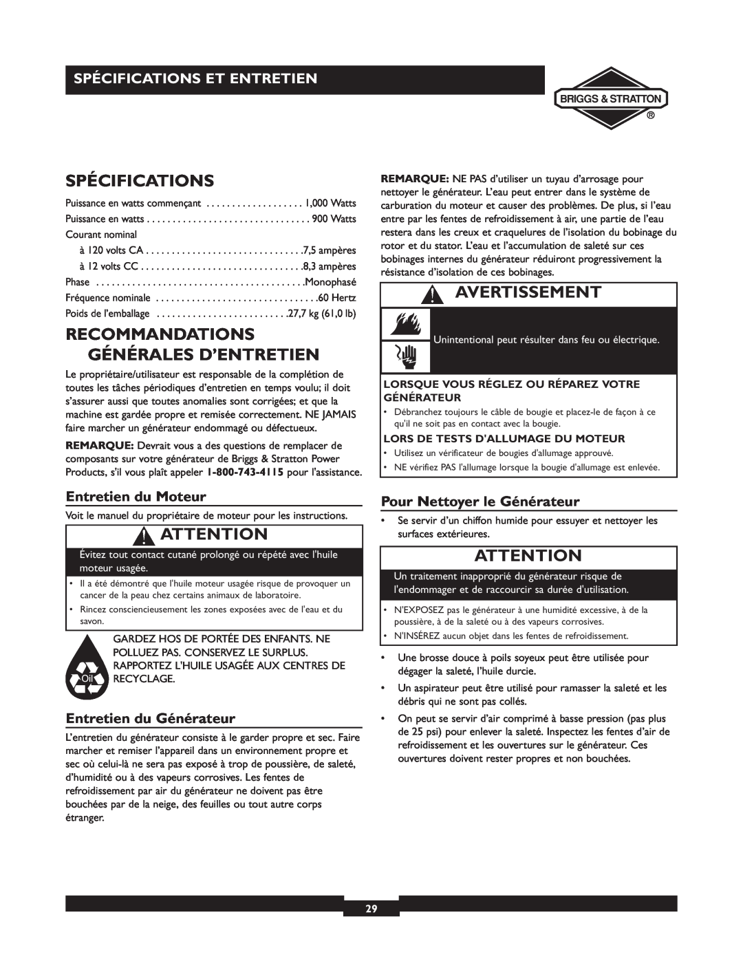 Briggs & Stratton 01532-4 Recommandations Générales D’Entretien, Spécifications Et Entretien, Entretien du Moteur 