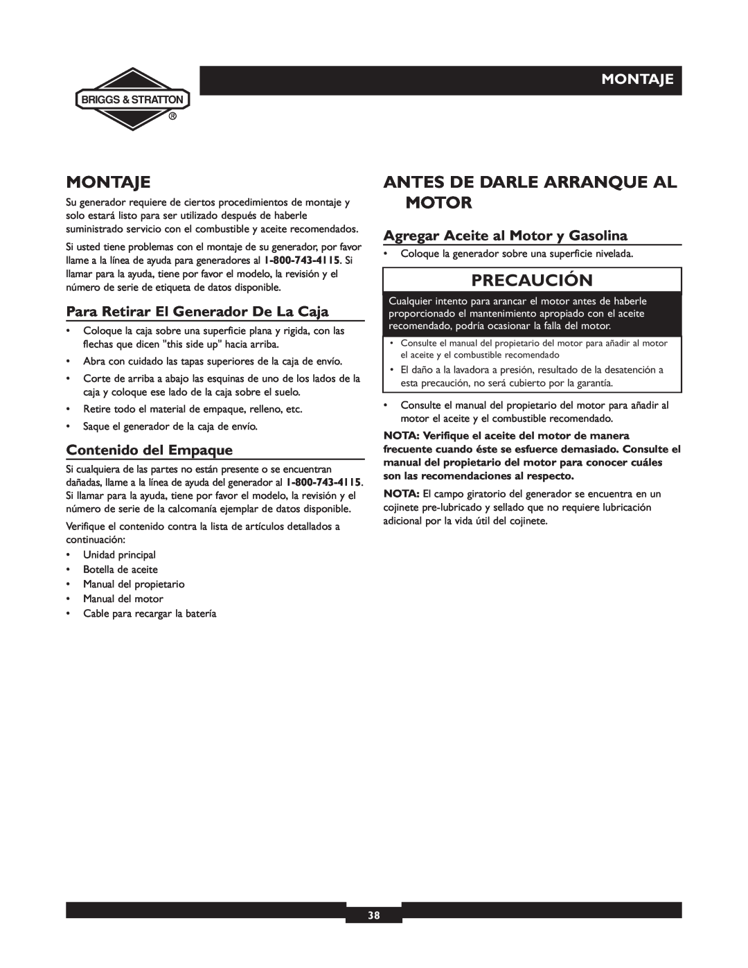 Briggs & Stratton 01532-4 Montaje, Antes De Darle Arranque Al Motor, Para Retirar El Generador De La Caja, Precaución 