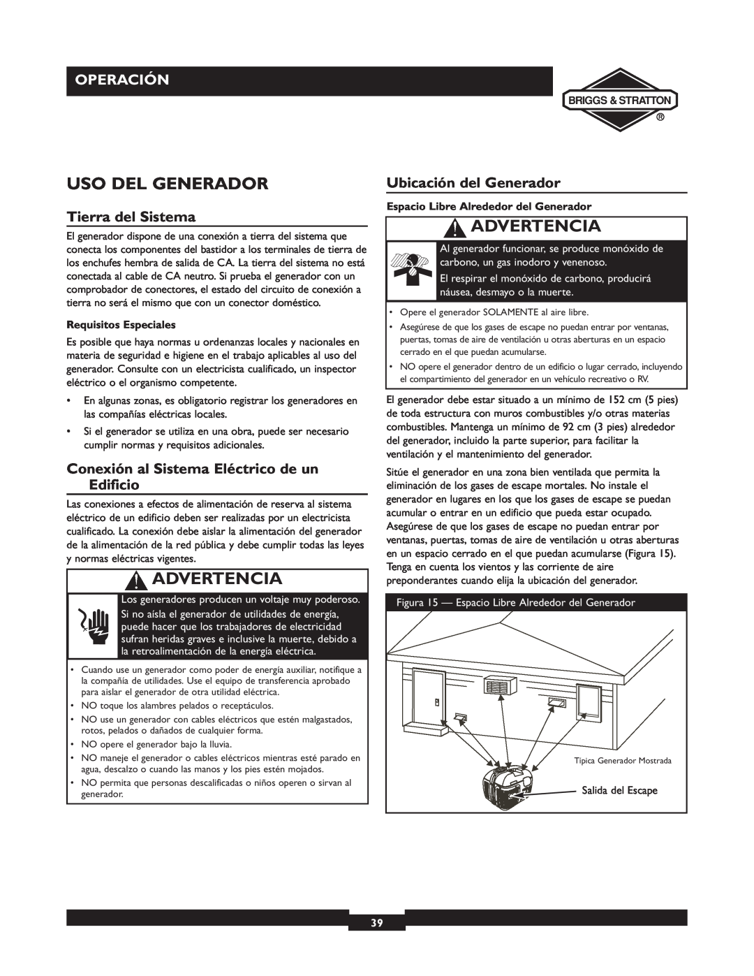 Briggs & Stratton 01532-4 Uso Del Generador, Operación, Tierra del Sistema, Conexión al Sistema Eléctrico de un Edificio 