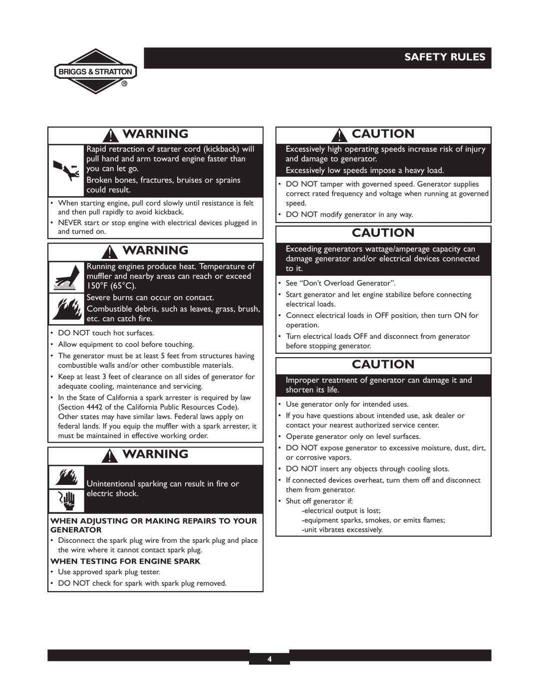 Briggs & Stratton 01532-4 Broken bones, fractures, bruises or sprains could result, Severe burns can occur on contact 