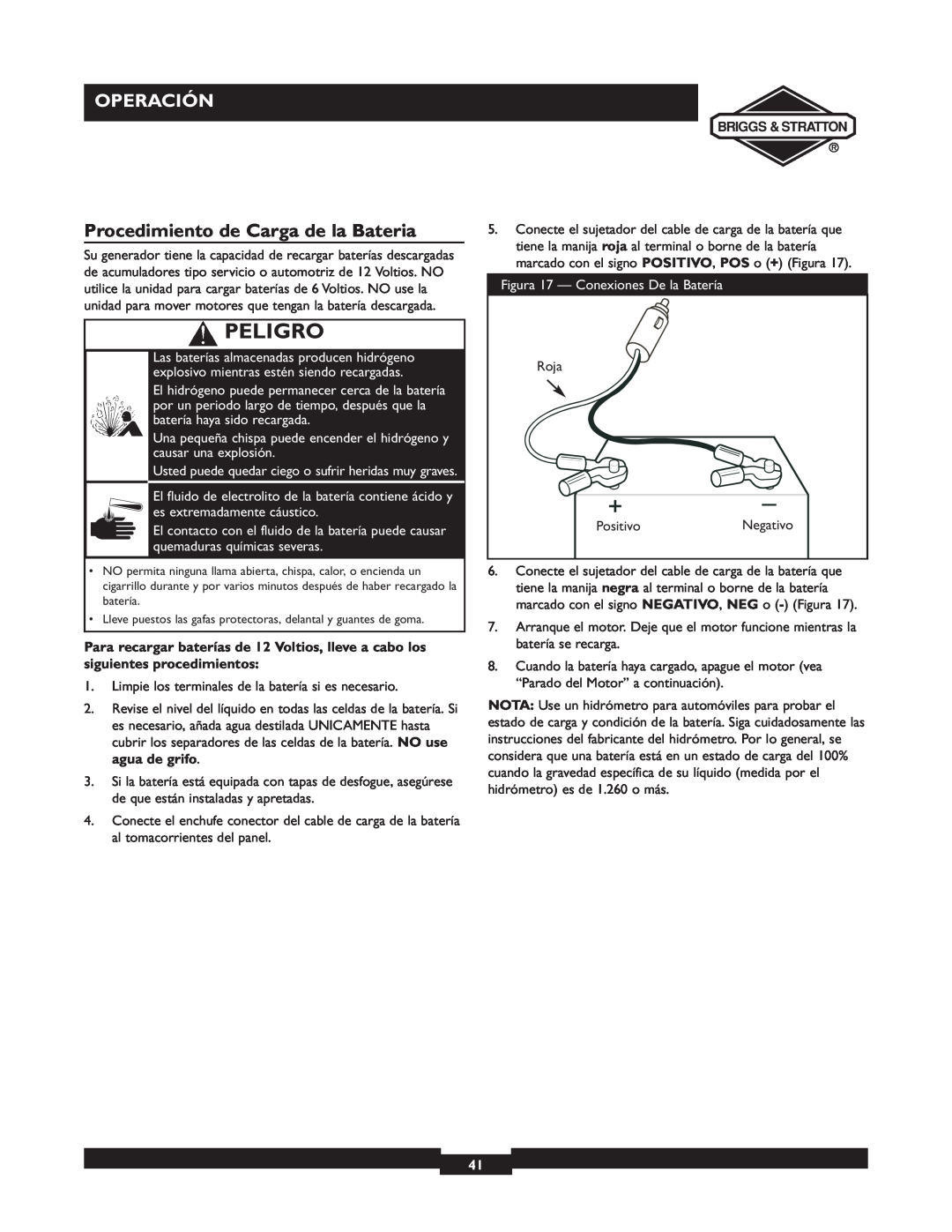 Briggs & Stratton 01532-4 Procedimiento de Carga de la Bateria, Peligro, Operación, Figura 17 - Conexiones De la Batería 