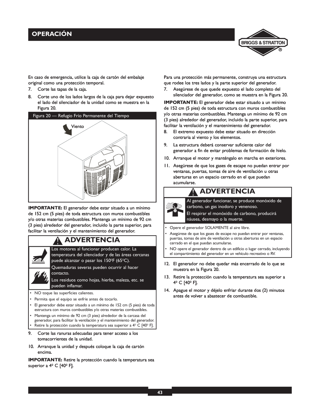 Briggs & Stratton 01532-4 owner manual Advertencia, Operación, Figura 20 - Refugio Frío Permanente del Tiempo 