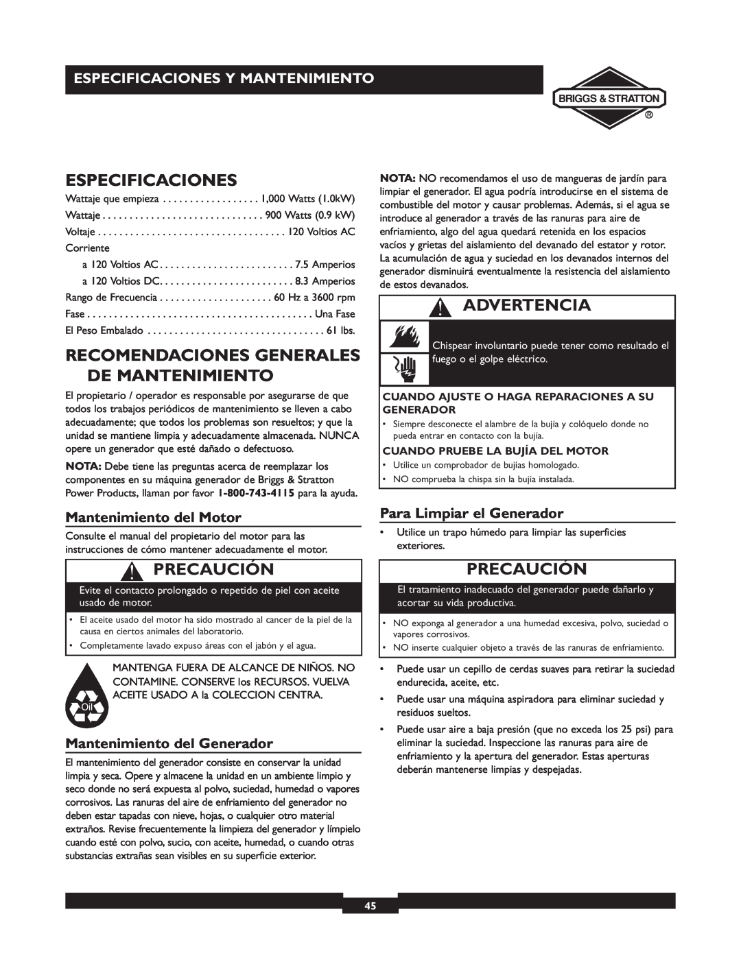 Briggs & Stratton 01532-4 Recomendaciones Generales De Mantenimiento, Especificaciones Y Mantenimiento, Advertencia 