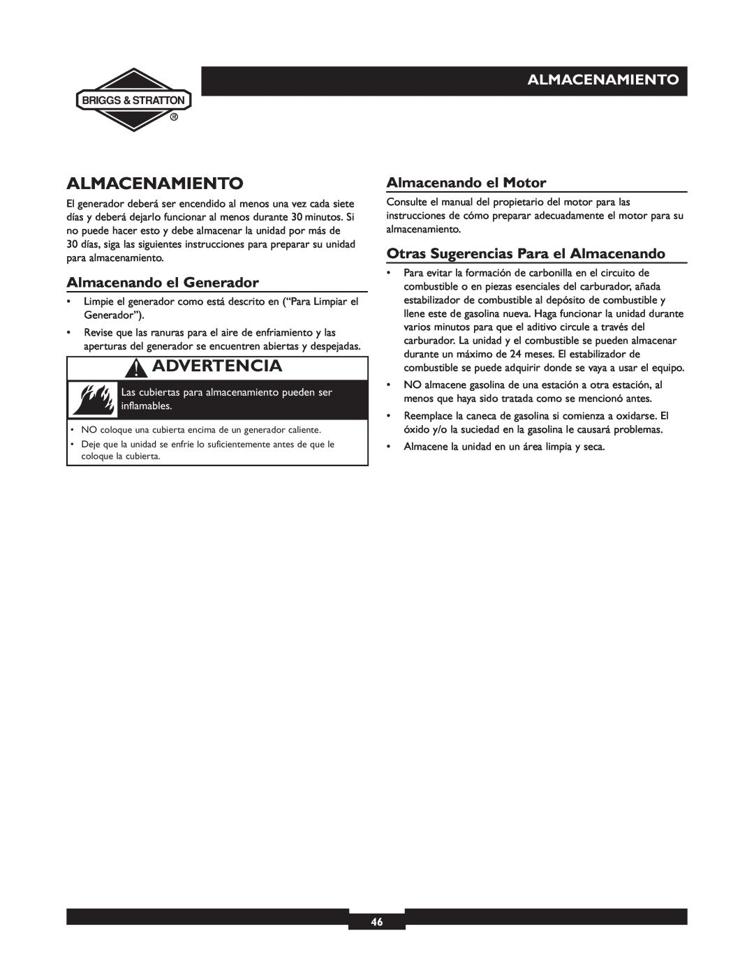 Briggs & Stratton 01532-4 owner manual Almacenamiento, Almacenando el Generador, Almacenando el Motor, Advertencia 