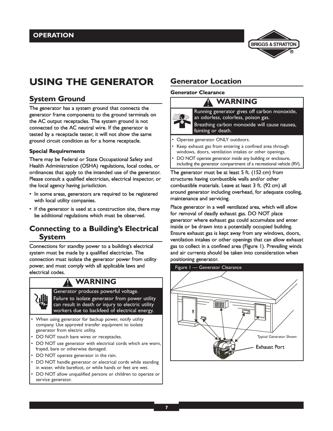 Briggs & Stratton 01532-4 Using The Generator, System Ground, Connecting to a Building’s Electrical System, Operation 