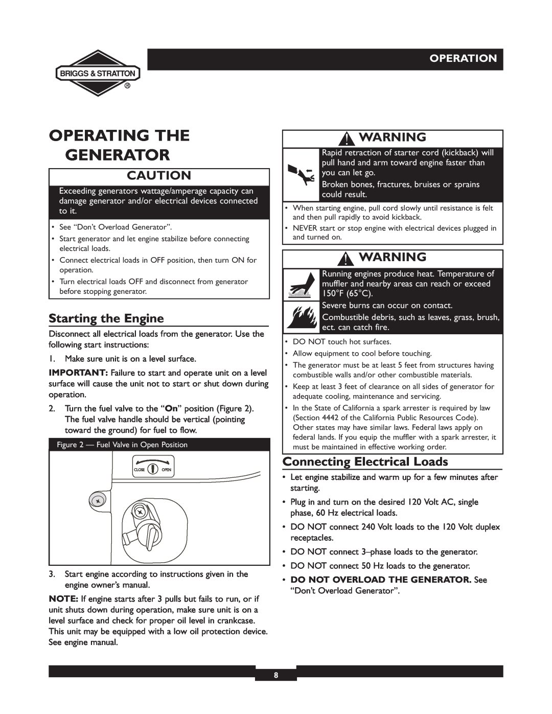 Briggs & Stratton 01532-4 owner manual Operating The Generator, Starting the Engine, Connecting Electrical Loads, Operation 