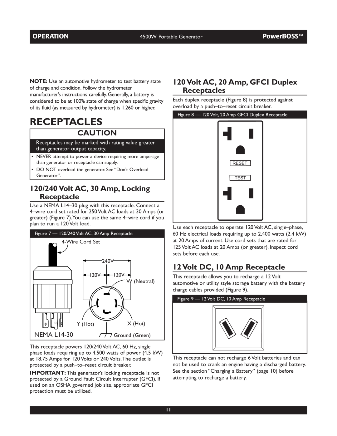 Briggs & Stratton 01648-1 Receptacles, 120/240 Volt AC, 30 Amp, Locking Receptacle, Volt DC, 10 Amp Receptacle, Operation 