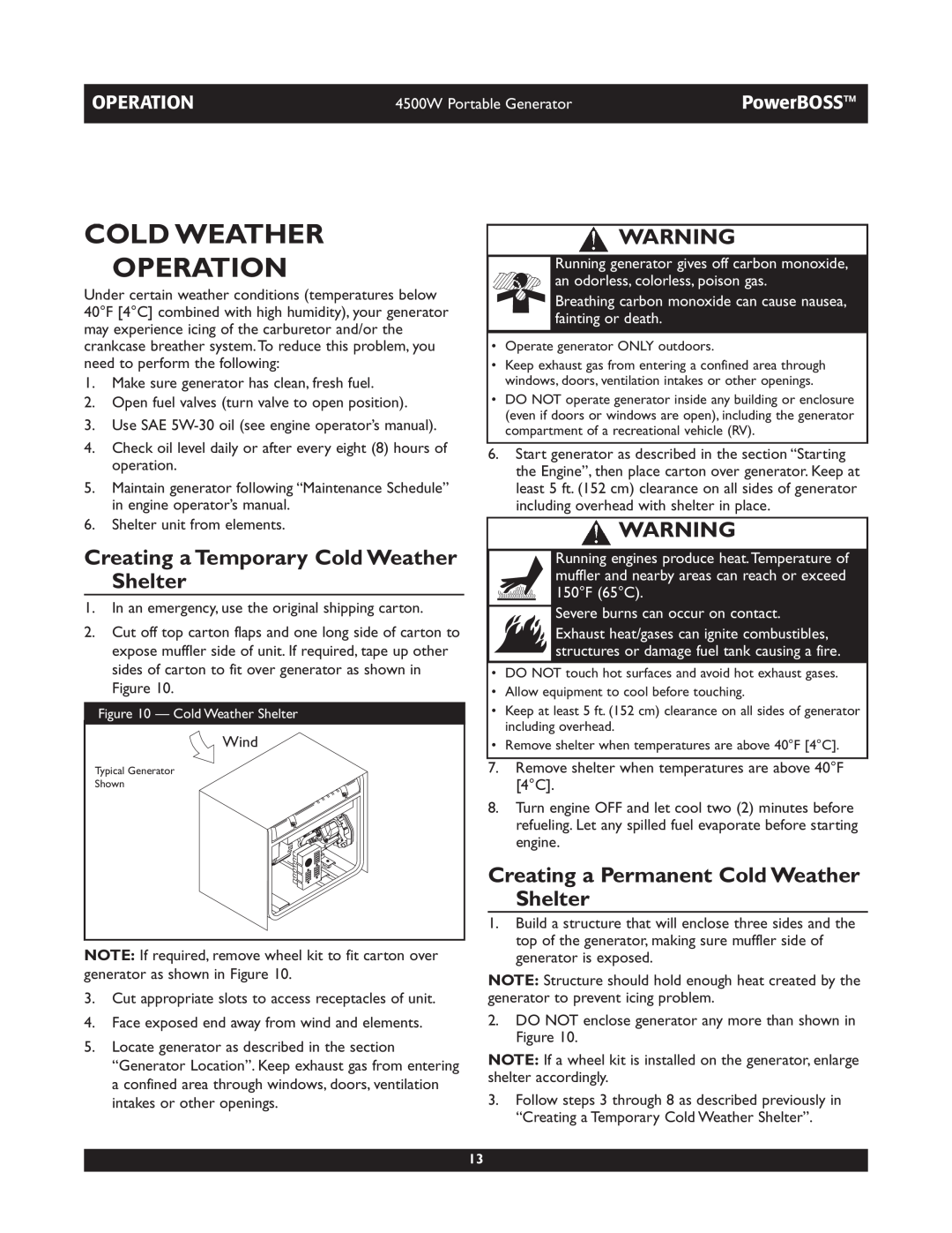 Briggs & Stratton 01648-1 Cold Weather Operation, Creating a Temporary Cold Weather Shelter, PowerBOSS 