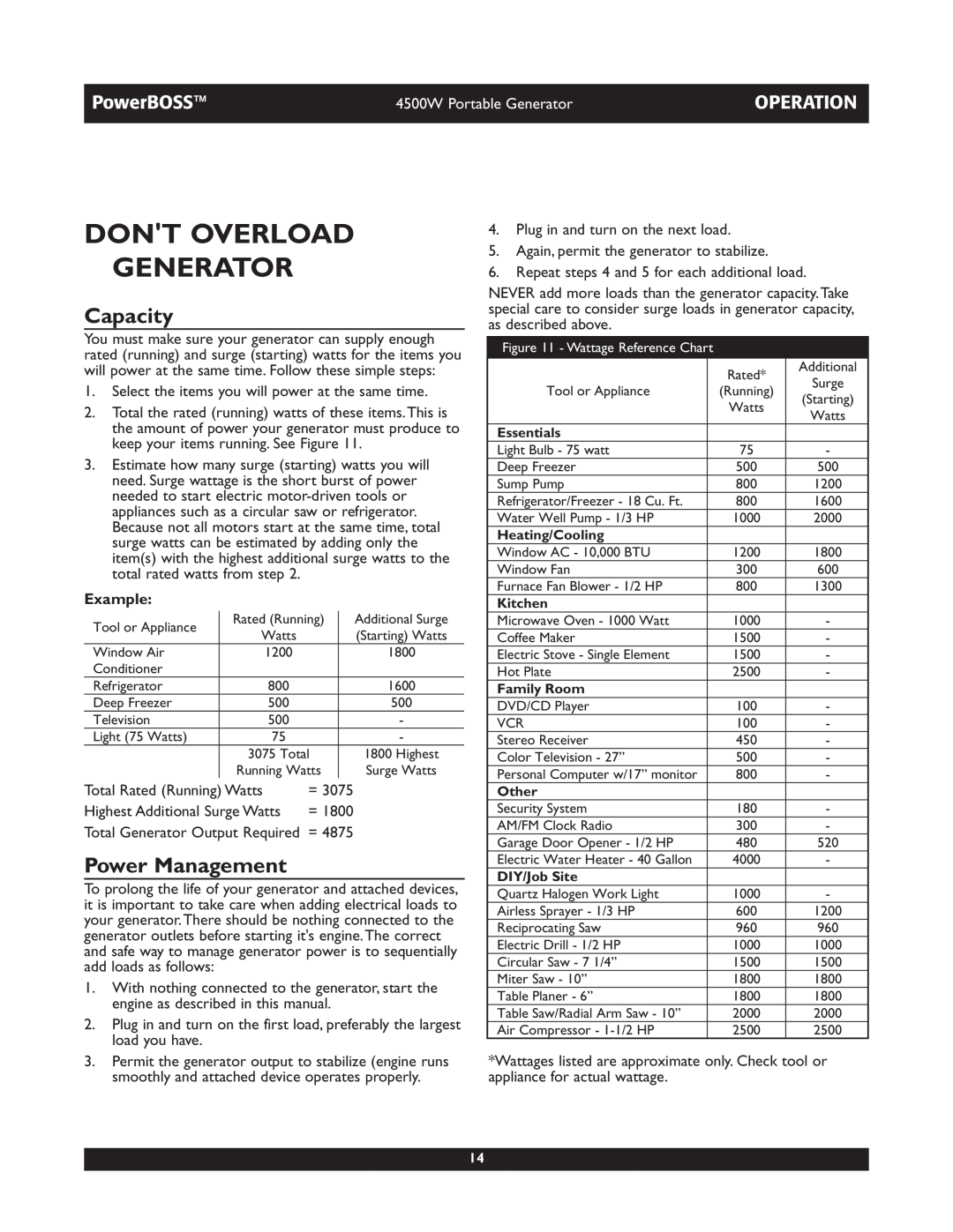 Briggs & Stratton 01648-1 operating instructions Dont Overload Generator, Capacity, Power Management, PowerBOSS, Operation 
