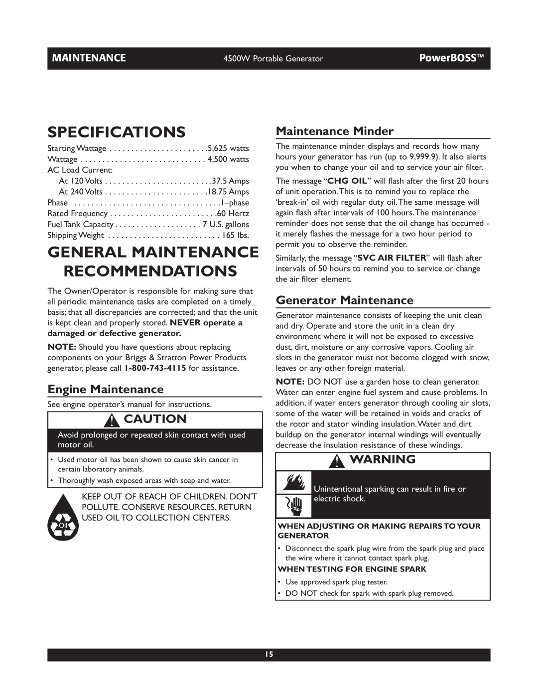 Briggs & Stratton 01648-1 Specifications, General Maintenance Recommendations, Engine Maintenance, Maintenance Minder 