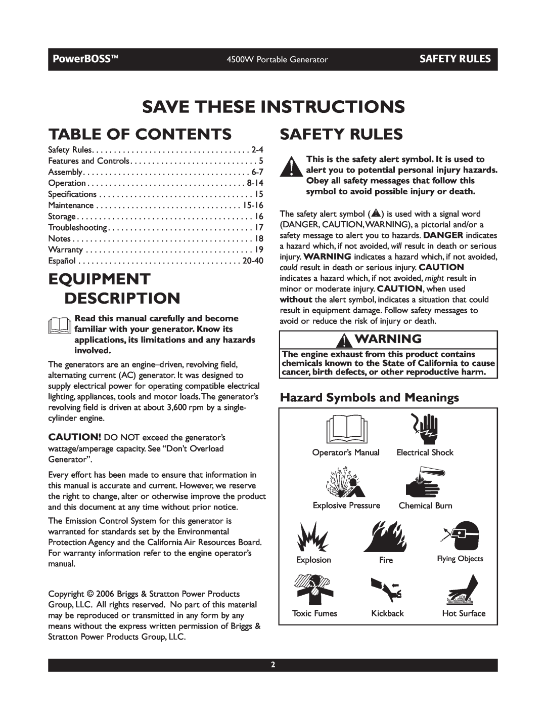 Briggs & Stratton 01648-1 Table Of Contents, Equipment Description, Safety Rules, Hazard Symbols and Meanings, PowerBOSS 