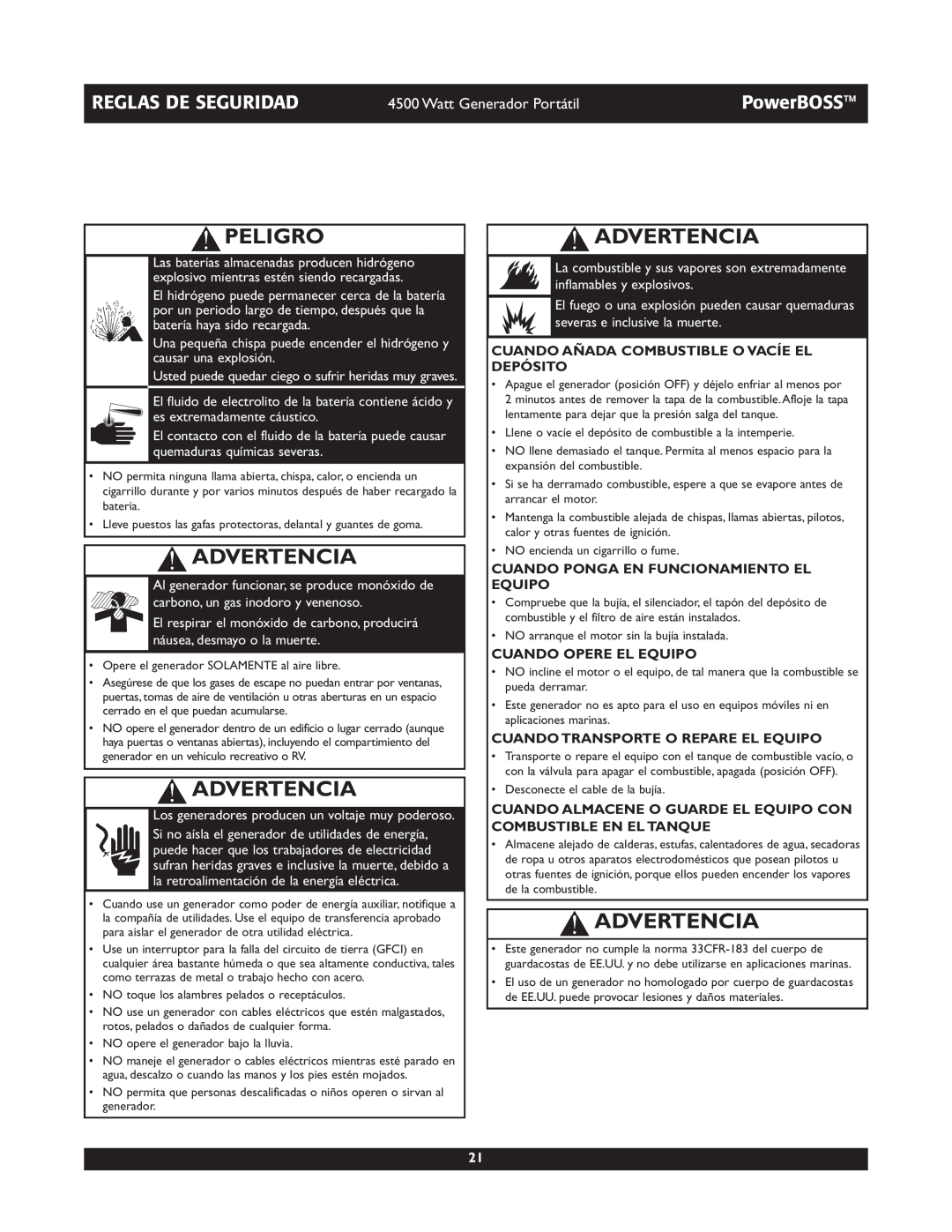 Briggs & Stratton 01648-1 Peligro, Reglas De Seguridad, Advertencia, PowerBOSS, Watt Generador Portátil 