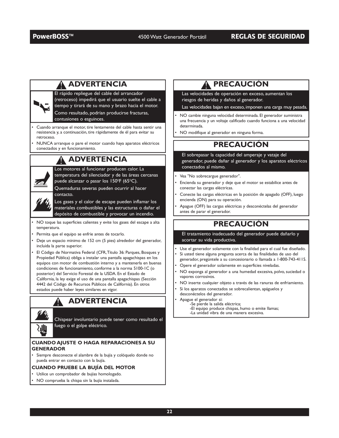 Briggs & Stratton 01648-1 Precaución, Advertencia, PowerBOSS, Reglas De Seguridad, Watt Generador Portátil 