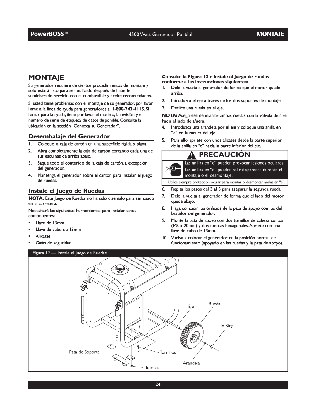 Briggs & Stratton 01648-1 Montaje, Desembalaje del Generador, Instale el Juego de Ruedas, Precaución, PowerBOSS 