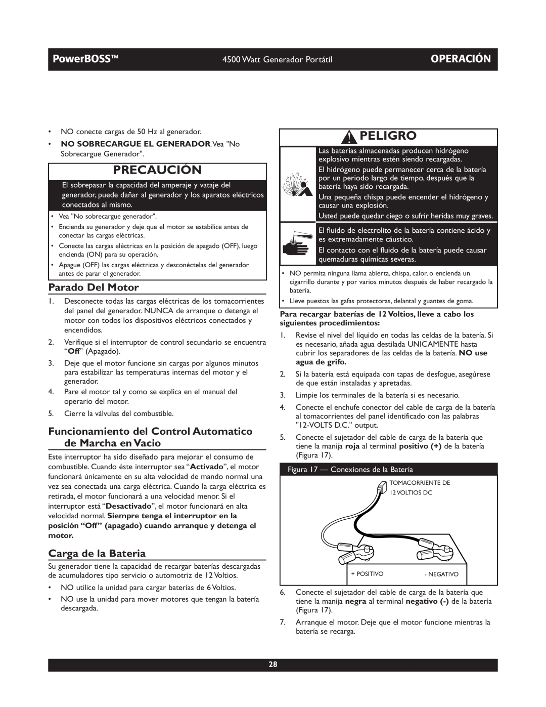 Briggs & Stratton 01648-1 Parado Del Motor, Funcionamiento del Control Automatico de Marcha en Vacio, Carga de la Bateria 