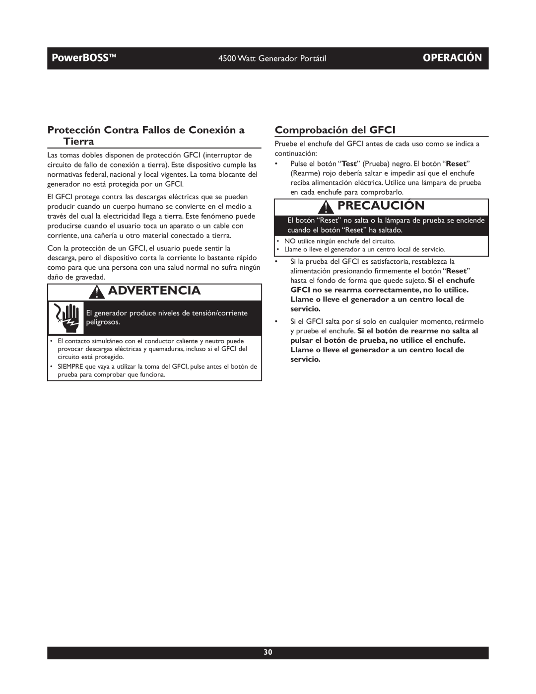 Briggs & Stratton 01648-1 Protección Contra Fallos de Conexión a Tierra, Comprobación del GFCI, Advertencia, Precaución 