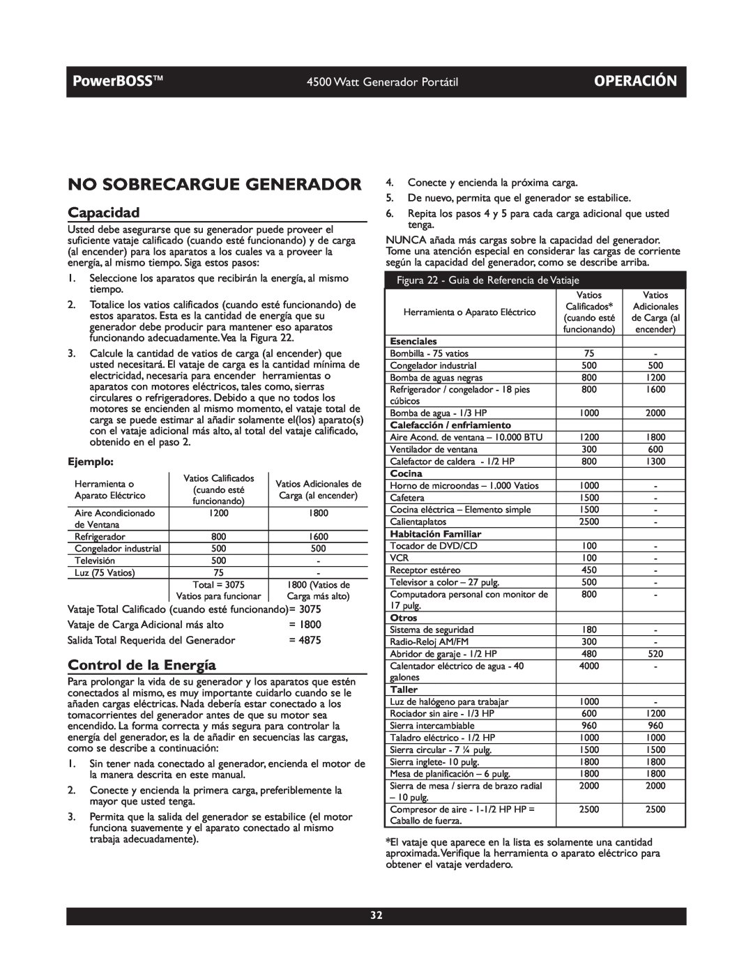 Briggs & Stratton 01648-1 No Sobrecargue Generador, Capacidad, Control de la Energía, PowerBOSS, Operación, Ejemplo 