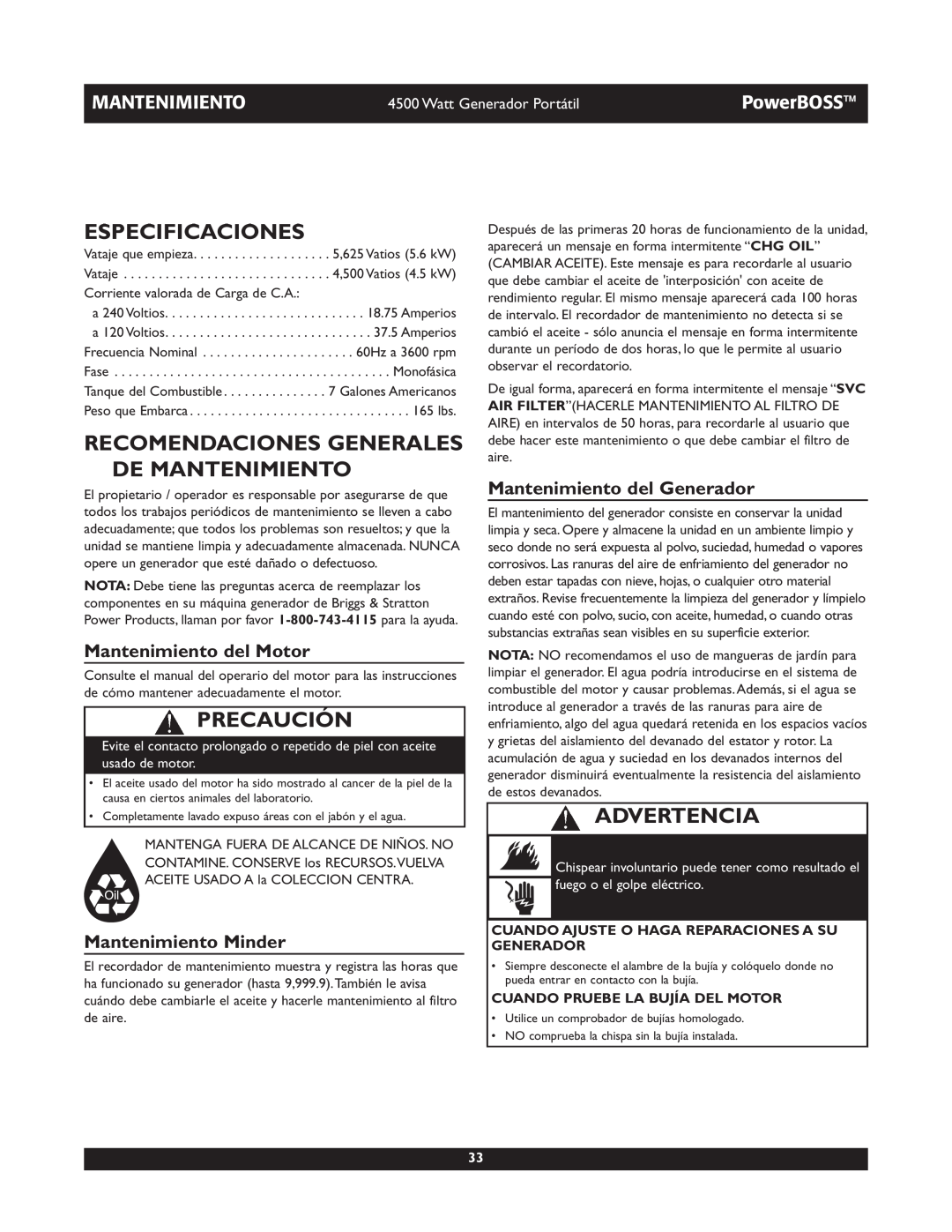 Briggs & Stratton 01648-1 Especificaciones, Recomendaciones Generales De Mantenimiento, Mantenimiento del Motor, PowerBOSS 