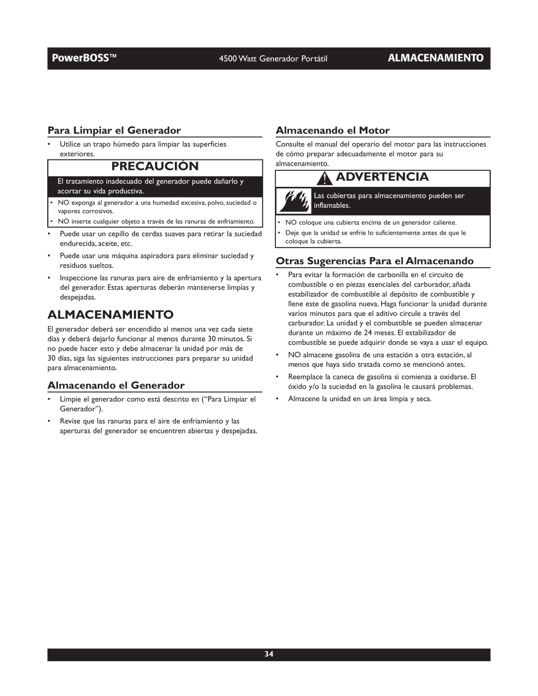 Briggs & Stratton 01648-1 Almacenamiento, Para Limpiar el Generador, Almacenando el Generador, Almacenando el Motor 