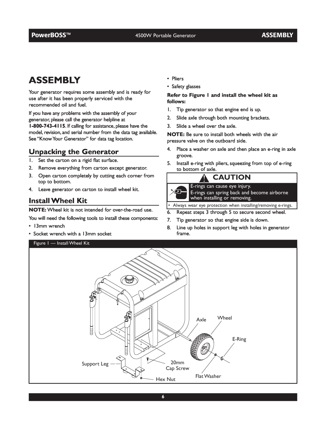 Briggs & Stratton 01648-1 Assembly, Unpacking the Generator, Install Wheel Kit, E-rings can cause eye injury, PowerBOSS 
