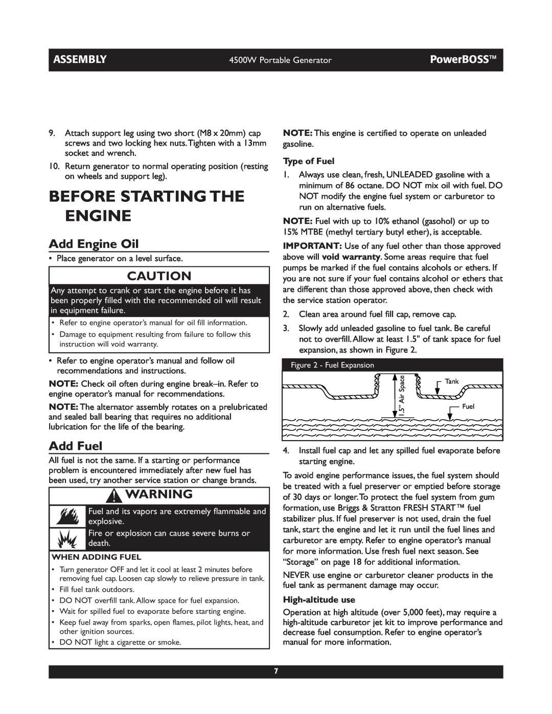 Briggs & Stratton 01648-1 operating instructions Before Starting The Engine, Add Engine Oil, Add Fuel, Assembly, PowerBOSS 