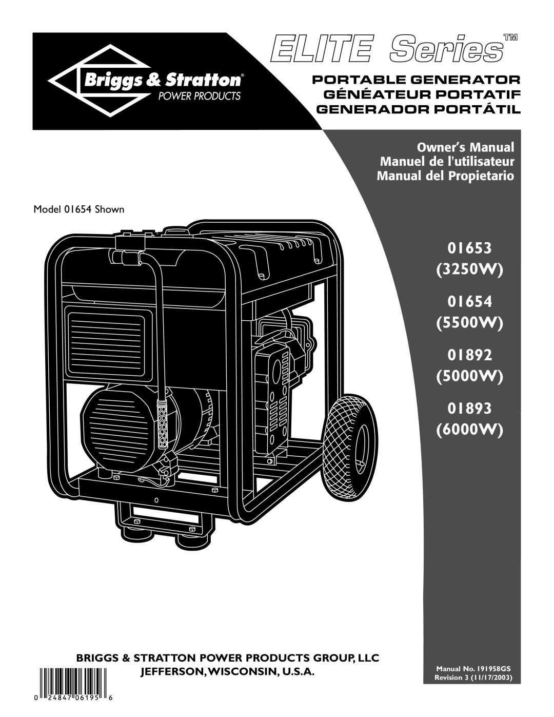 Briggs & Stratton 01654, 01653, 01892, 01893 owner manual 01653 3250W 01654 5500W 01892 5000W 01893 6000W 