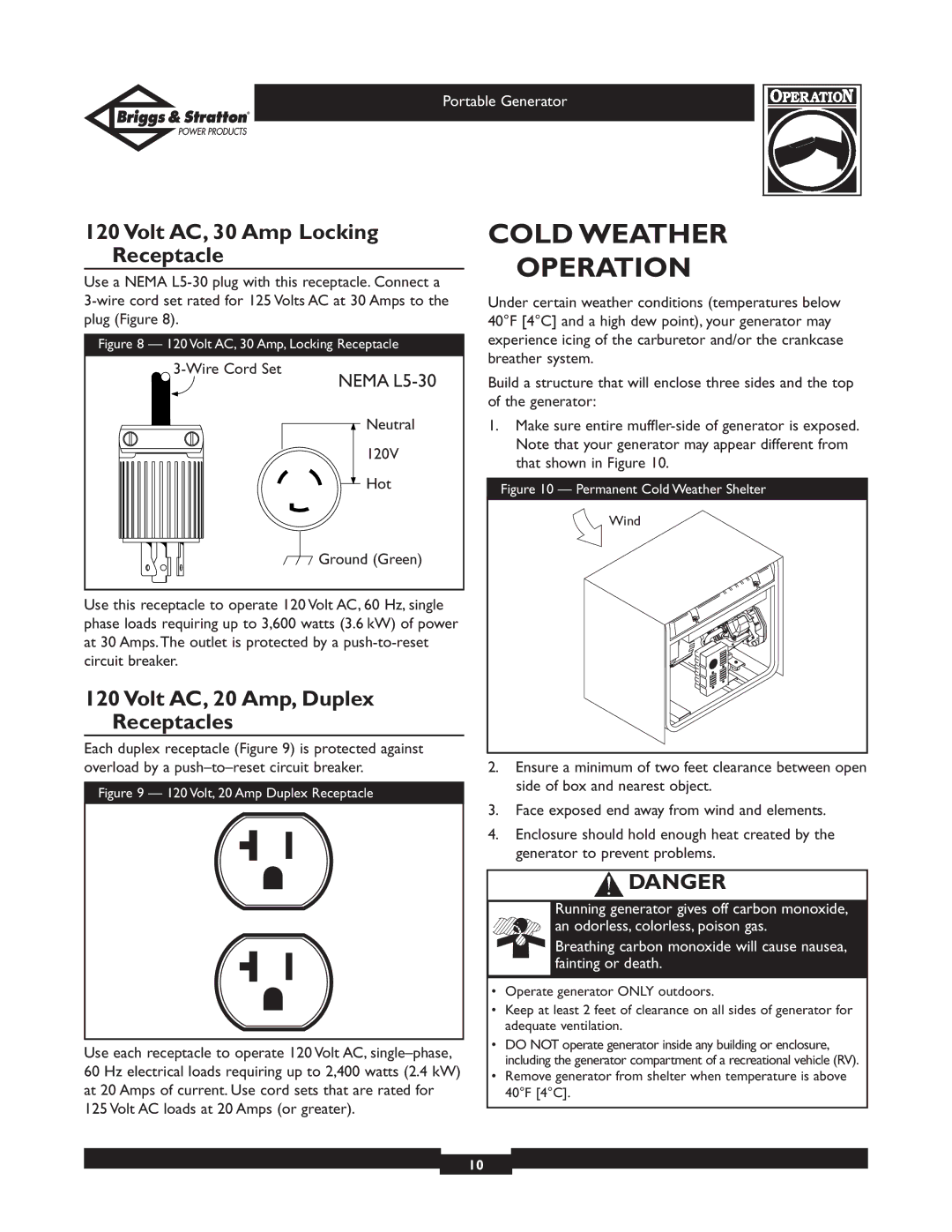 Briggs & Stratton 01654, 01653, 01892, 01893 owner manual Cold Weather Operation, Volt AC, 30 Amp Locking Receptacle 